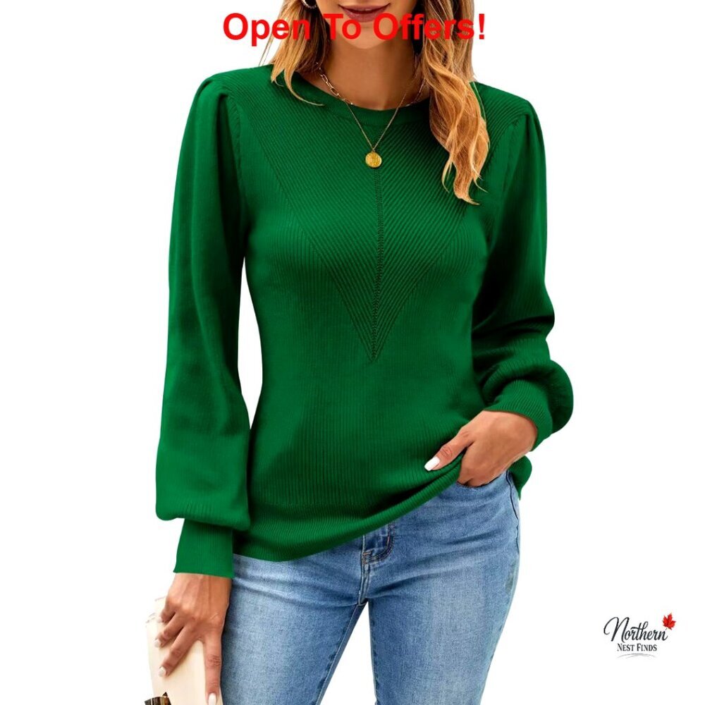 Slim Fit Ribbed Pullover Sweater with Lantern Sleeves for Fall Winter